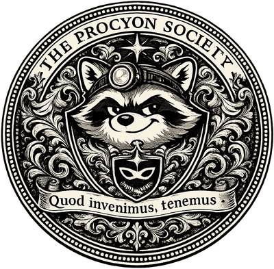 The round seal of the Procyon Society: a heraldic raccoon in a headlamp, ringed by the Society name and the motto Quod invenimus, tenemus.
