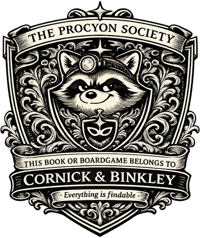 The Society shield: a heraldic raccoon in a headlamp on a French shield, over a banner reading Cornick and Binkley, with the motto Everything is findable.